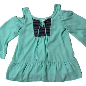 Charming Charlie Mint Cold-Shoulder Peasant Top with Embroidered Yoke